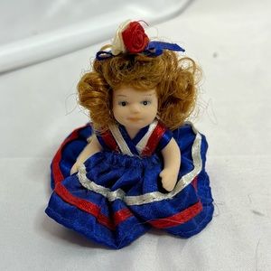 Vintage Mini Porcelain Doll Red White and Blue Dress and Headband